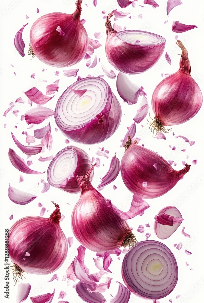 Poster vibrant red onions freshly cut and sliced with floating onion layers and petals on a white backgroun
