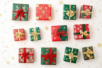 A colorful arrangement of gift boxes decorated with festive ribbons and bows, lying on a bright background scattered with golden confetti. Ideal for holiday celebrations and gift-giving themes.