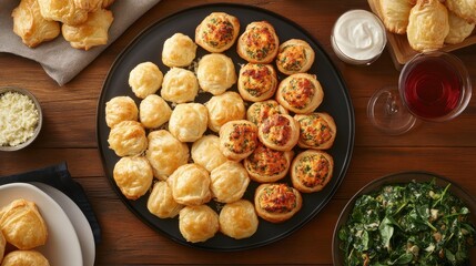 Assorted Savory Pastries with Cheese, Vegetables, and Creamy Dips on a Wooden Table Setting