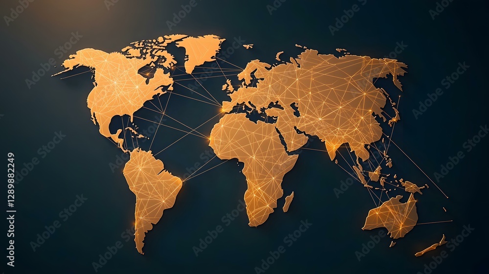 Poster a golden, glowing world map with interconnected lines representing global communication and networki
