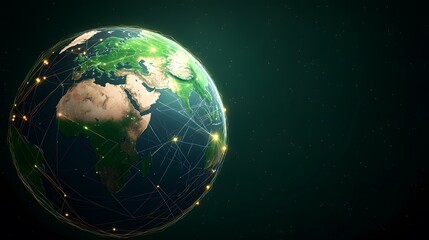 Fototapeta premium A digitally enhanced image of Earth, glowing with interconnected lines representing global networks against a dark space background.