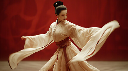 A woman in a traditional Chinese dress is dancing with her arms outstretched