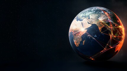 Naklejka premium A digital rendering of planet Earth, set against a backdrop of space, shows glowing lines connecting various points across its surface, suggesting global connectivity.