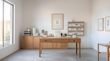 Minimalist Light Wood Office Interior with Clean Lines and Neutral Colors