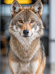 Fototapeta premium A beautiful coyote stands confidently in a stylish urban environment, its fur glistening in the sunlight, while its piercing eyes reflect intelligence and curiosity.