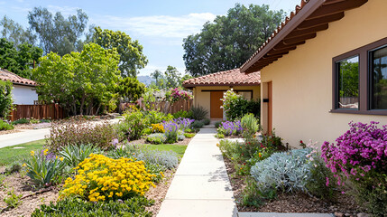 Sunny Day in a Landscaped Garden Path Leading to a Beige House