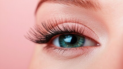Close-up of woman's eye with false eyelashes, soft pink background.  Possible use Beauty product advertisement