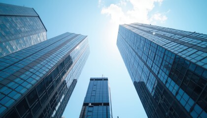 Reflective skyscrapers, business office buildings.