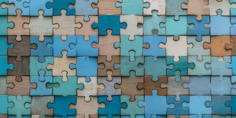 An intricate arrangement of wooden puzzle pieces in varying shades of blue and brown creates a soothing visual texture, perfect for enhancing creativity or relaxation in any setting.