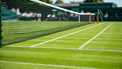 Obraz premium vibrant tennis court with freshly cut grass and netting, ready for play