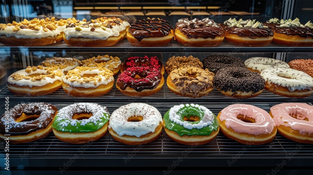 Poster colorful assortment of delicious donuts displayed in a bakery case with various frostings and toppin