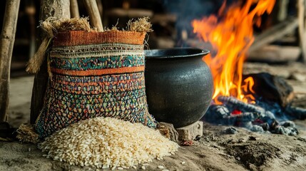 Traditional Rice Cooking, Rural Hut, Fire, Warmth