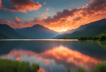Fototapeta premium Mountain Lake at Twilight: Scenic View with Sunset Hues and Calm Water