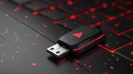 Digital security key on laptop keyboard with red accents, symbolizing technology and protection