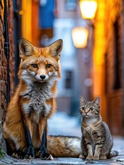 Fototapeta premium In a narrow alley at twilight, a striking red fox and a small gray cat sit side by side, illuminated by charming street lamps, creating a magical atmosphere of friendship and curiosity.