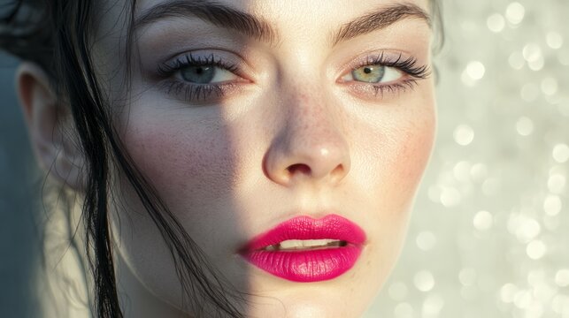 A model with vibrant pink lips, half-lit face, exuding bold elegance and mystery.
