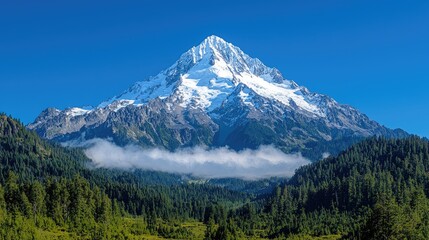 Obraz premium Majestic snow-capped mountain peak, valley, clear sky, travel poster (1)