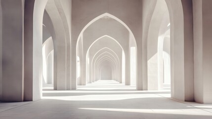 Fototapeta premium Ethereal Interior of Grand Hall with Arched Architecture and Shadows