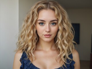 Fototapeta premium A close-up portrait of a young woman with beautiful, wavy blonde hair and captivating blue eyes. She exudes confidence and charm, suitable for beauty and fashion themes.