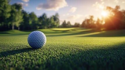Closeup view of golf ball on green grass lawn
