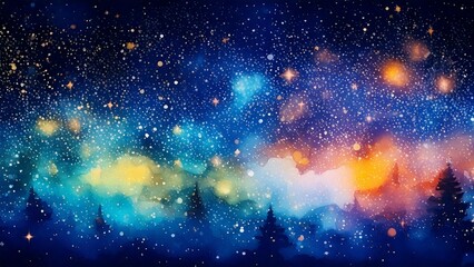 Naklejka premium 魔法のような水彩風のキラキラ夜空 AI生成素材