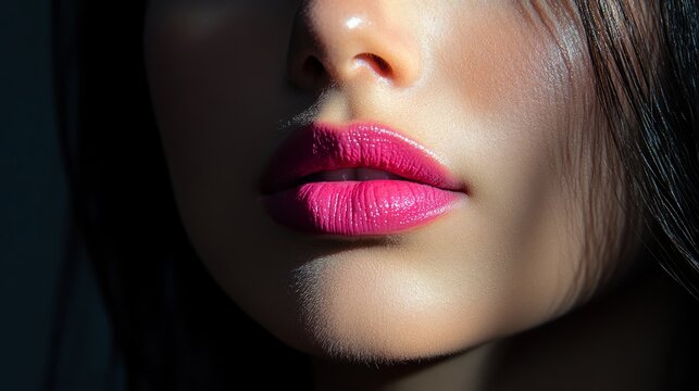 A model with vibrant pink lips, half-lit face, exuding bold elegance and mystery.
