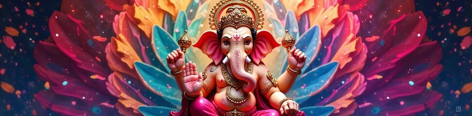 Intricate design of Lord Ganesh idol on colorful background, decoration, god, festival