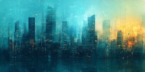 Abstract cityscape illustration featuring tall buildings against gradient sky