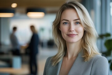 Fototapeta premium A confident businesswoman with blonde hair smiles warmly against a modern office backdrop, exuding approachability and competence, ideal for corporate themes.