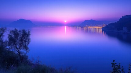 Serene Sunset over Lake and Mountains