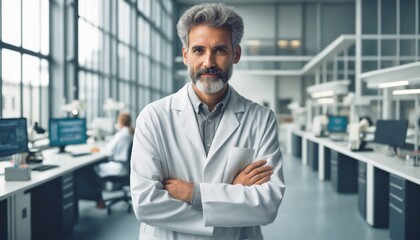Fototapeta premium A confident middle-aged male scientist stands with arms crossed in a modern lab, illuminated by natural light, showcasing cutting-edge equipment and a professional atmosphere.