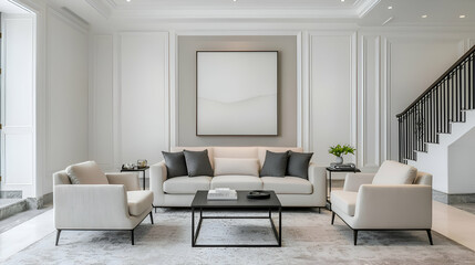 Modern Living Room Interior Design with White Sofa and Gray Pillows