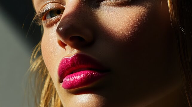 A model with vibrant pink lips, half-lit face, exuding bold elegance and mystery.
