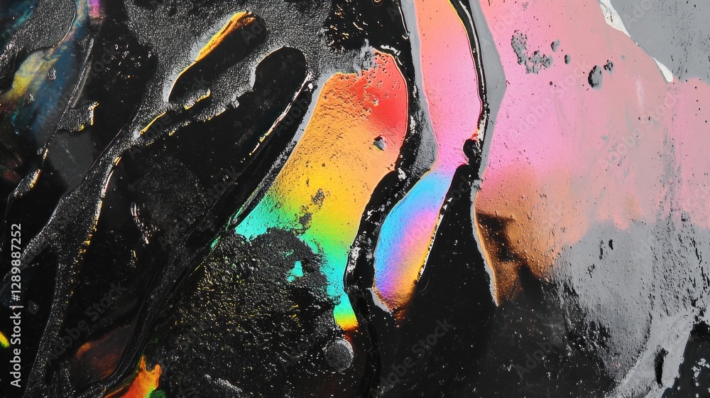 Poster colorful abstract reflection on black surface with glossy texture and vibrant light patterns