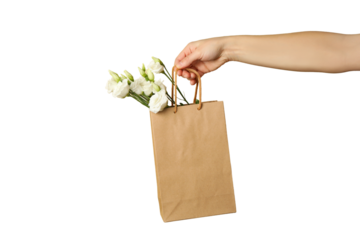 PNG, March 8. Kraft gift bag with flowers in hand, isolated on white background.
