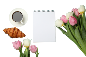 PNG, March 8. Flowers with coffee, croissant and notepad, with space for text, isolated on white background.