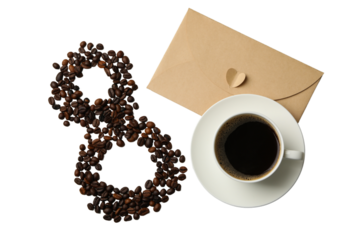 PNG, March 8. Cup of coffee and letter, isolated on white background.