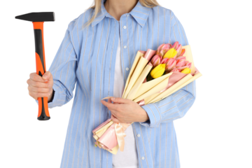 PNG, 8 March. Girl with flowers and a hammer, isolated on a white background.