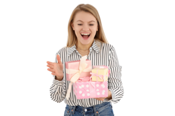 PNG, March 8. Girl with a gift, with space for text, isolated on a white background.