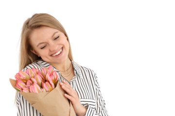 PNG, March 8. Girl with a bouquet of flowers, with space for text, isolated on a white background.