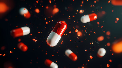 3D rendering of floating red and white capsule surrounded by particles