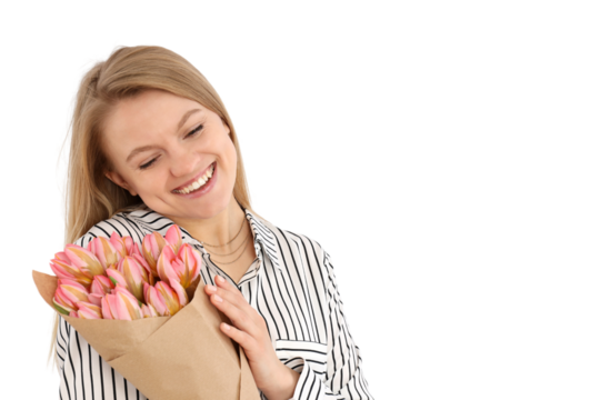 PNG, March 8. Girl with a bouquet of flowers, with space for text, isolated on a white background.