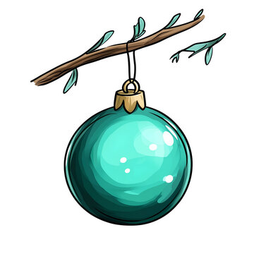 A blue Christmas ornament hanging from a branch, Isolated on transparent or white background cut out, Holidays and Celebrations clip art concept