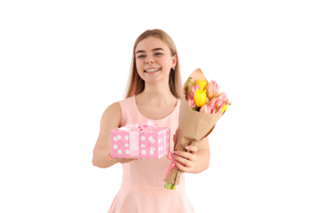 PNG, March 8. Girl with flowers and gift box, isolated on white background.