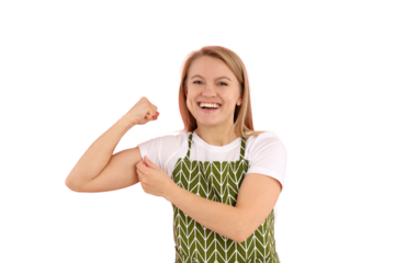 PNG, 8 March. Girl in apron demonstrates strength, isolated on white background.