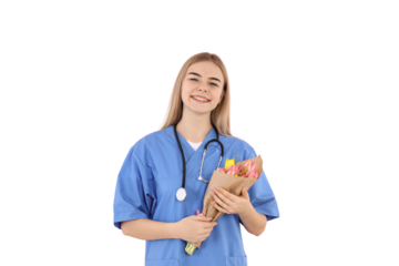PNG, 8 March. Girl doctor with flowers, isolated on white background.