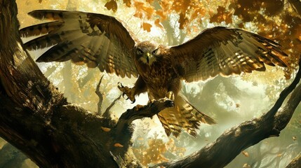 Majestic hawk perched on tree branch in autumn forest.