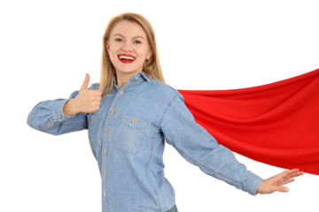 PNG, March 8. Girl in superhero costume, with red cape, isolated on white background.
