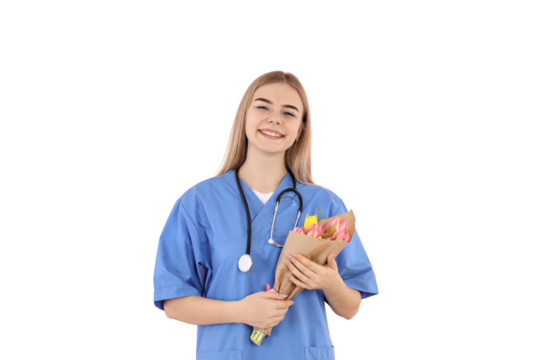 PNG, 8 March. Girl doctor with flowers, isolated on white background.