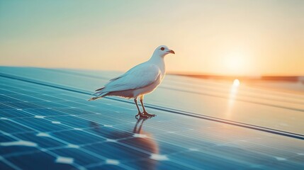 White Bird on Solar Panel at Sunset